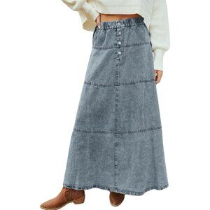 Stylish Tiered Denim Maxi Skirt in Retro Blue - High Waist for Comfortable Fit